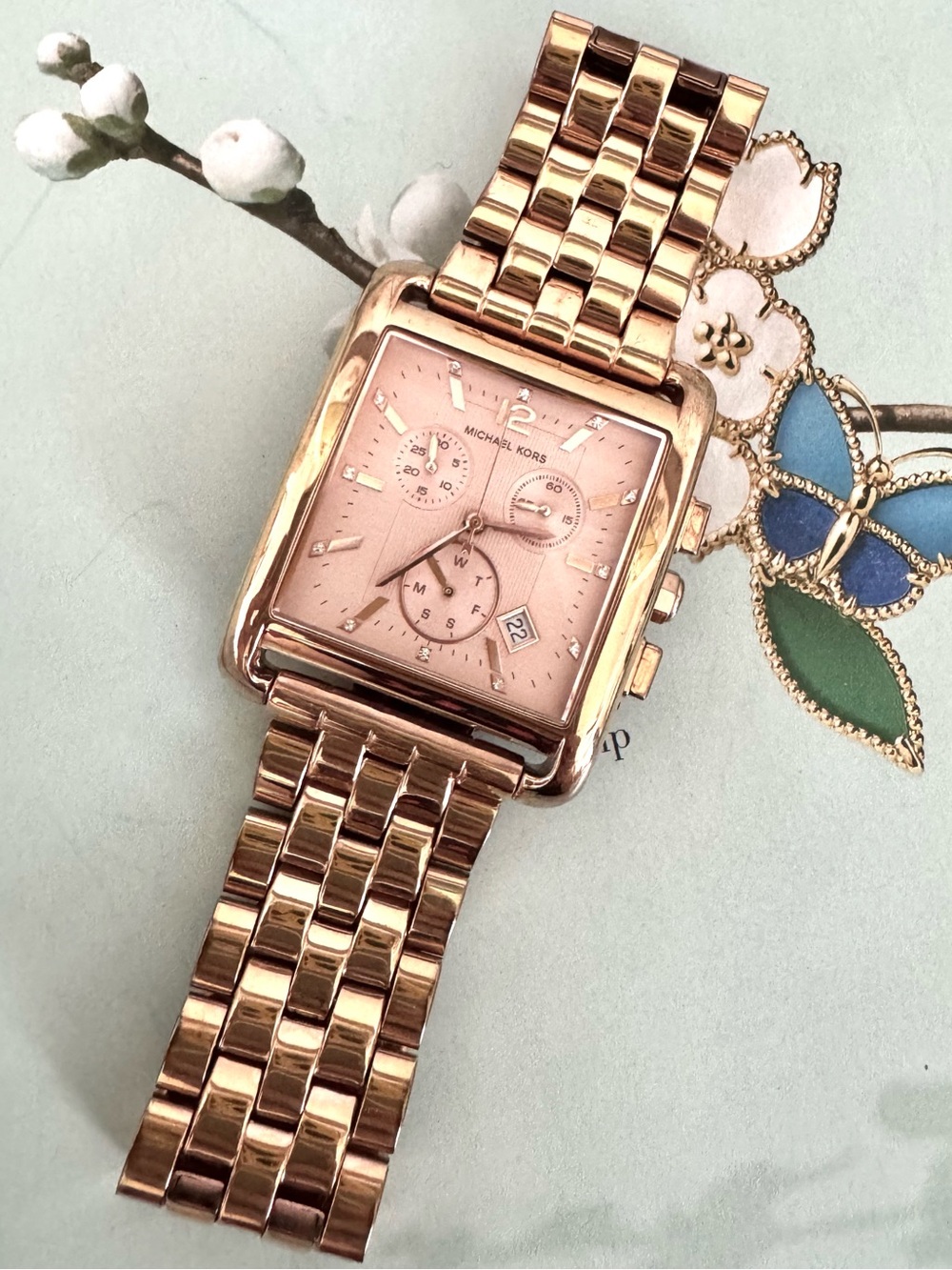 Michael Kors Women’s Rose Gold-Tone Rectangular Chronograph Watch